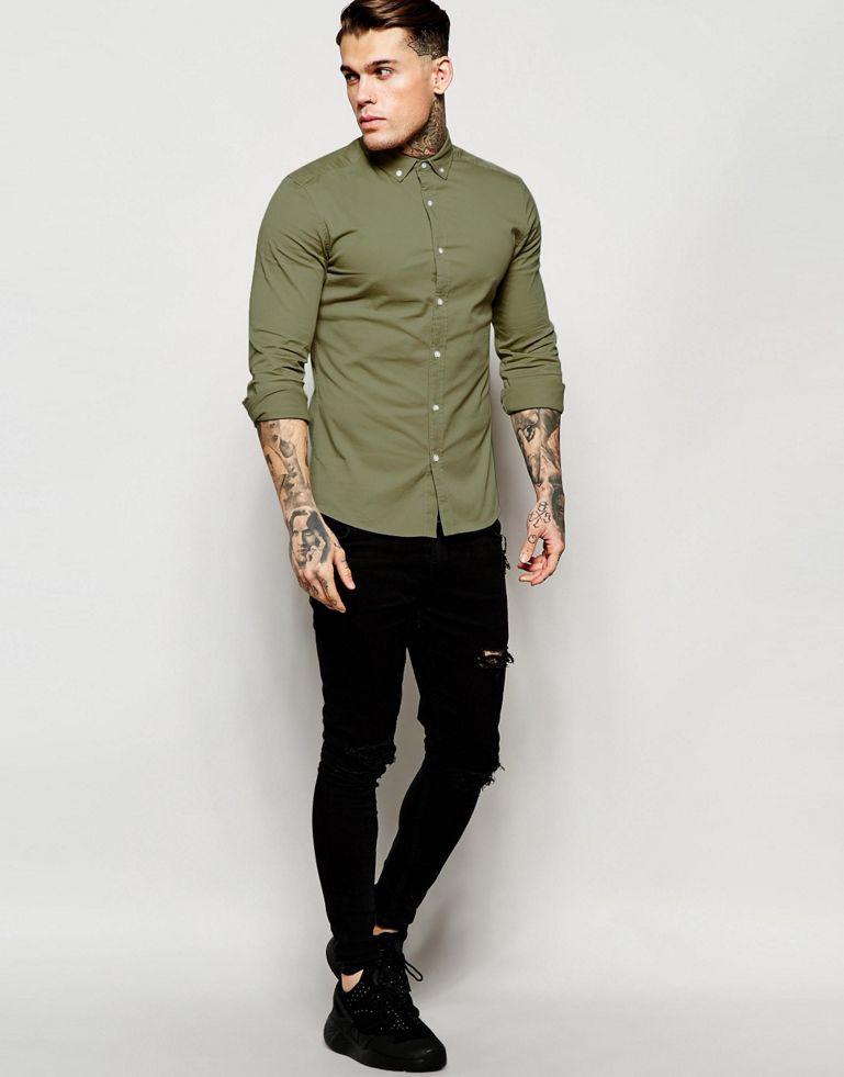 Skinny Shirt in Khaki Twill