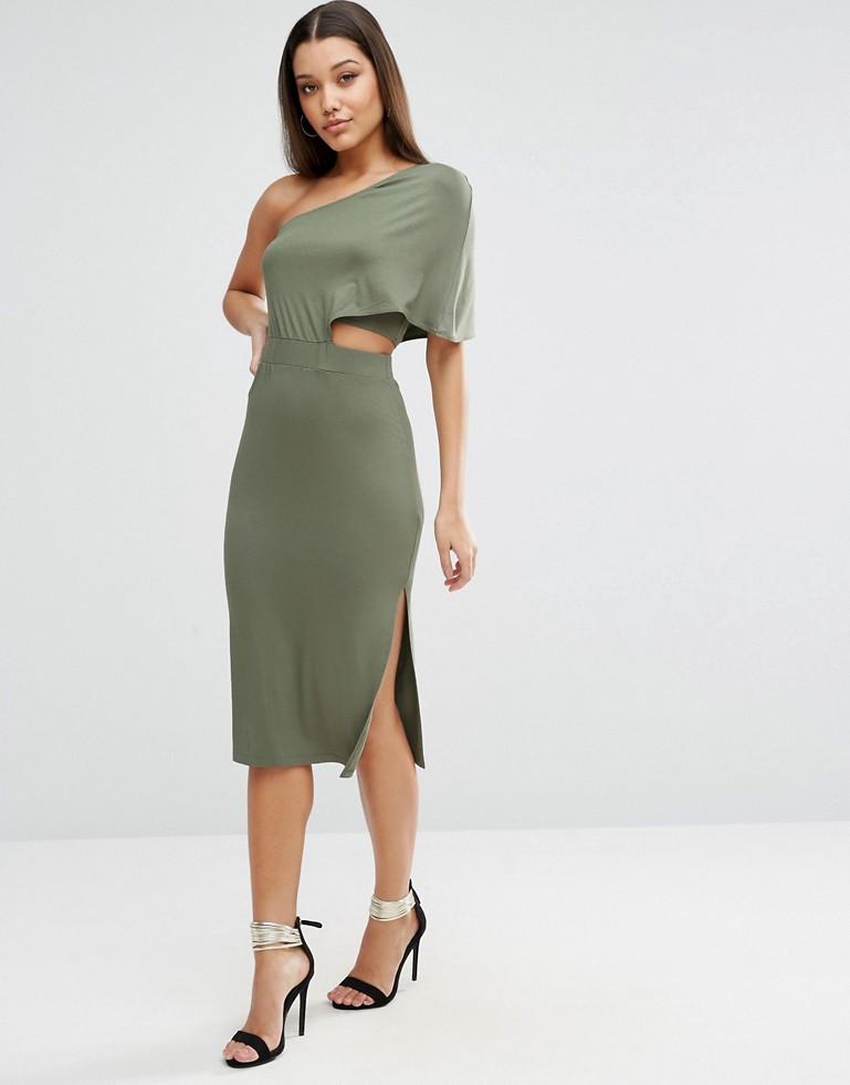 Deep One Shoulder Midi Bodycon Dress